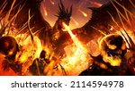 A furious black dragon destroys the army of the undead with a fiery breath, a magical hearth in his chest, meteorites fly in the sky destroying skeletons that run away burning to the bone 3d rendering