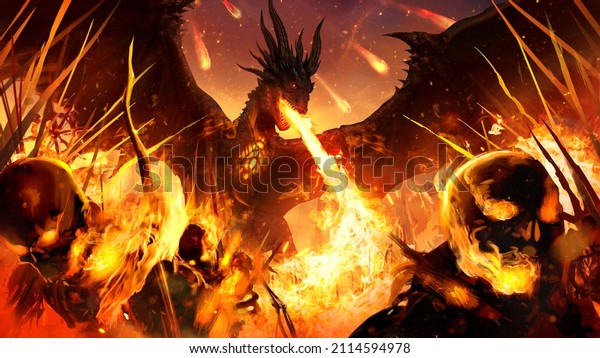 A furious black dragon destroys the army of the\
undead with a fiery breath, a magical hearth in his chest,\
meteorites fly in the sky destroying skeletons that run away\
burning to the bone 3d\
rendering