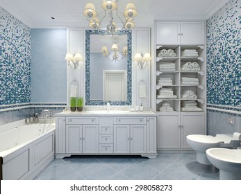 Furniture in classic blue bathroom. Blue colored bathroom with white furniture, great mirror with sconces. Mix of tiles and textured plaster on walls pleasing to the eye. 3D render - Shutterstock ID 298058273