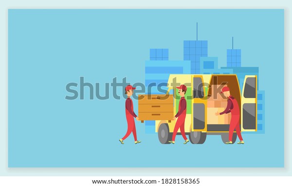Furniture delivery raster, people carrying chest of\
drawers and bought wooden products in lorry, . Transportation and\
shipping of goods in car. Website or webpage template, landing page\
flat style