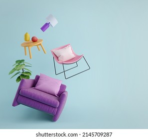 Furniture Flying In Blue Background.Living Room Furniture.Concept For Home Decor Advertising.3d Rendering