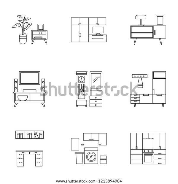 Furniture icon set. Outline set of 9\
furniture icons for web design isolated on white\
background