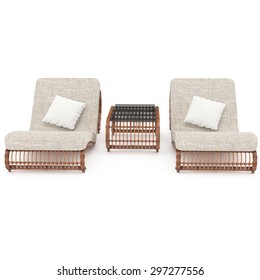 The Furniture Made Of Dark Rattan Isolated On White Background For Relaxing On The Terrace. 3D Graphics