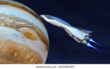Fury Starship orbits Jupiter 3d illustration - A starcraft orbits the planet Jupiter on its mission in outer space.