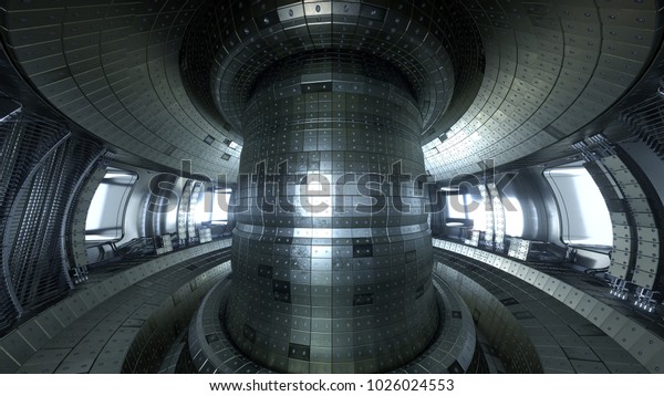 Fusion reactor Tokamak. Reaction chamber.\
Fusion power. 3D illustration. Thermonuclear torus fusion reactor\
chamber.Beautiful artistic representation\
