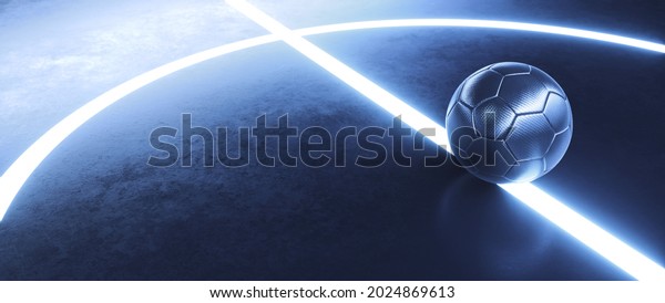 Futsal ball in the center of a futuristic indoor soccer\
field or stadium with glowing white lines background. 3D\
Illustration. 