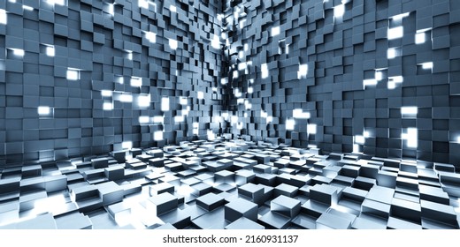 future architecture studio with bright led lights and cubic walls 3d render illustration
