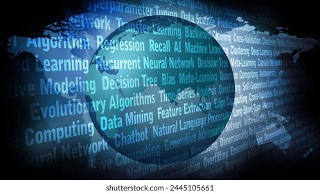 Future of artificial intelligence ai texts and world map deep learning, chat bot, machine learning