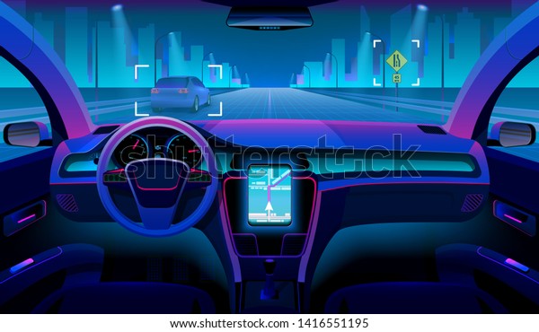 Future\
autonomous vehicle, driverless car interior with obstacles and\
night landscape outside. Futuristic car assistant concept. Sensor\
system driver navigation for vehicle\
illustration