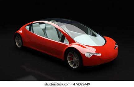  Future Car Concept, Self-driving Car Model, The Red Car On The Black Background - 3d Concept, Autonomous Transport - 3D Rendering