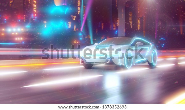 Future car going on\
the road 3d\
illustration