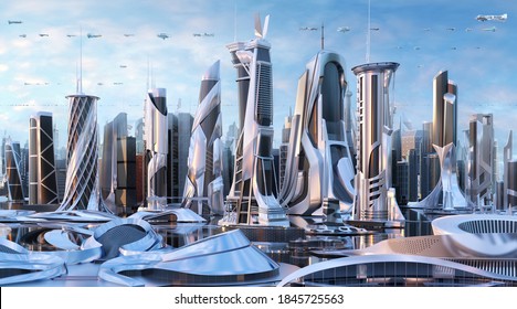 Future City 3D Scene. Futuristic Cityscape Creative Concept Illustration With Fantastic Skyscrapers, Towers, Tall Buildings, Flying Vehicles. Sci Fi Metropolis Town Panorama At Sunny Day Background