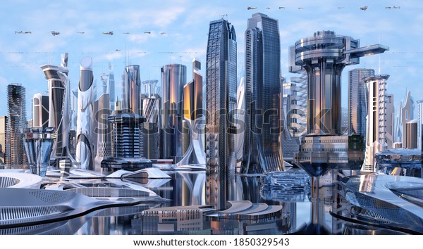 未来の都市3dシーン 未来的な都市景観のクリエイティブコンセプトイラスト 超高層ビル 高層ビル 飛ぶ車が登場します 日の当たる背景にsf都市 パノラマ のイラスト素材