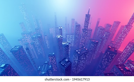 Zukünftige Innenstadt mit Wolkenkratzern in neonengroßen Cyberpunk-Lichtern. 3D-Illustration