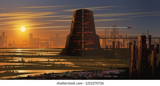 Future City. Fiction Backdrop. Concept Art. Realistic Illustration. Video Game Digital CG Artwork. Nature Scenery.