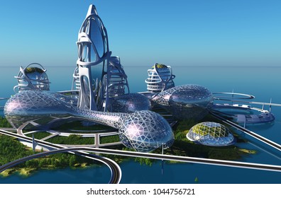 Future City On The Coast.3d Render