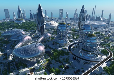 Future City On The Coast.3d Render