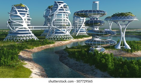 Future City On The Coast.3d Render