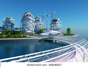 Future City On The Coast.3d Render