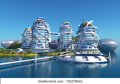 Future City On The Coast.3d Render