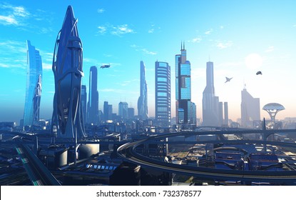 Future City on the coast.3d render