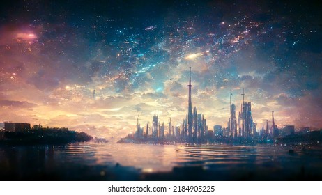 Future City, Sci Fi City Near A Lake With Galaxy Stars Background, Alien World, Inhabited Planet 3d Rendering