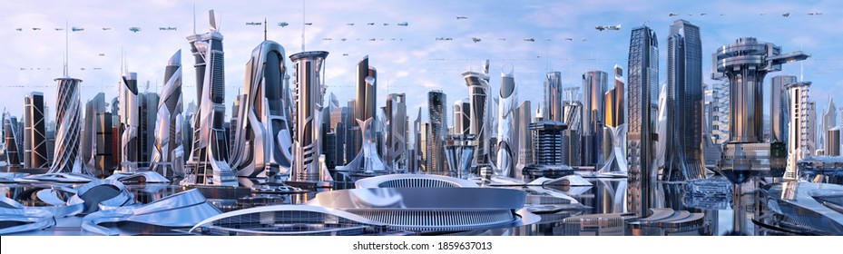 Future City Skyline Panorama 3D Scene. Futuristic Cityscape Creative Concept Illustration: Skyscrapers, Towers, Tall Buildings, Flying Vehicles. Panoramic Urban View Of Megapolis Town, Sky Background