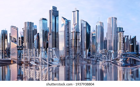 Future City Skyline Panorama 3D Scene. Futuristic Cityscape Concept Illustration: Modern Skyscrapers, Office High Towers, City Tall Buildings. Panoramic Urban View Of Metropolis Town, Sky Background