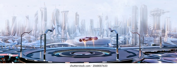 Future City Skyline Panorama 3D Scene. Futuristic Cityscape Creative Concept Illustration: Skyscrapers, Towers, Tall Buildings, Flying Vehicles. Panoramic Urban View Of Metropolis Town, Sky Background