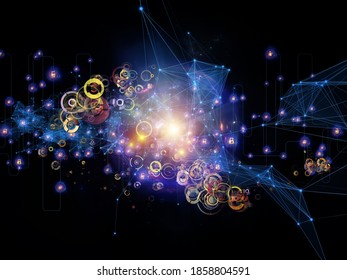 Future Connection series. Interplay of network lines, lights and symbols  against dark background on the subject of modern technology, networking, telecommunications and science.