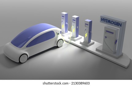 Future Electric Car On Charging Station With Plug In Cable At Night. Refueling Service For Fuel Cell Or Hydrogen Gas Vehicles. Eco Friendly Transport No Emissions With Energy Battery, 3d Render