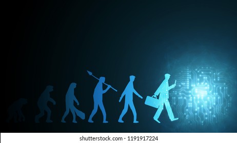 Future Evolution Of Man Change Employee Work Labor To Internet Of Things Ai Robot Computer, Technology Transform To Replace Human. Digital Innovation AI Digital Disrupt Businessman Job Career Concept