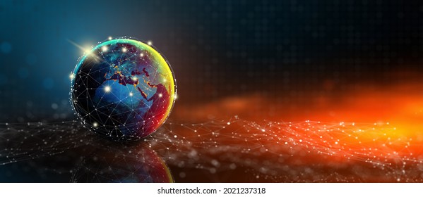 Future Of Global Social Network Technology With Blue Abstract Technology Background. Digital, Technological, And Media Convergence. Elements Furnished By NASA. Business Connection Concept. 3D Render.