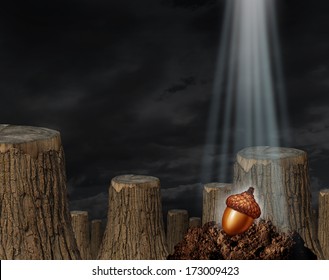 Future Hope And The Promise Of Rebirth As A Business And Environment Concept With A Chopped Forest And A Single Oak Acorn Seed On Soil As A Metaphor For Renewal And The Beginning Of Possibilities.