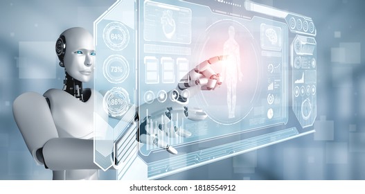 Future Medical Technology Controlled By AI Robot Using Machine Learning And Artificial Intelligence To Analyze People Health And Give Advice On Health Care Treatment Decision . 3D Illustration .