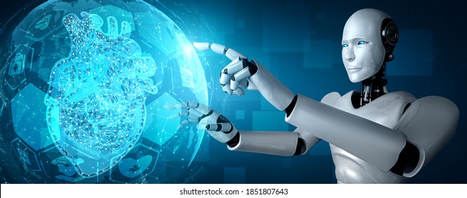 Future medical technology controlled by AI robot using machine learning and artificial intelligence to analyze people health and give advice on health care treatment decision . 3D illustration . - Shutterstock ID 1851807643