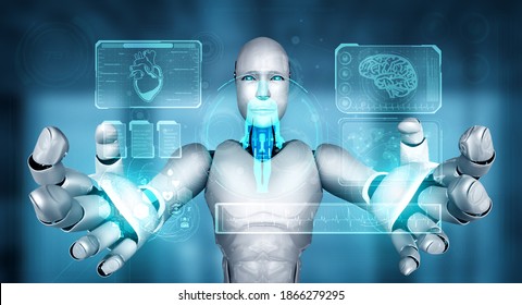 Future Medical Technology Controlled By AI Robot Using Machine Learning And Artificial Intelligence To Analyze People Health And Give Advice On Health Care Treatment Decision . 3D Illustration .