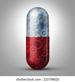 Future of medicine and bioengineering concept as a magic pill capsule with gears and cogs inside as a medical symbol for nano robotic technology curing disease and extending human lifespan.