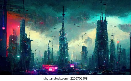 Future Modern City Urban Building Concept Blue Night Cityscape. 3d Illustration.