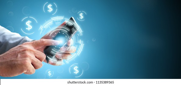Future online digital financial banking wealth transformation technology. Successful Innovation using mobile transaction for internet business investment shopping money and payment global concept