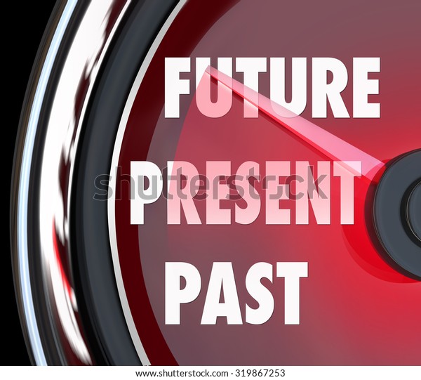 Future, Present and Past words on a red\
speedometer to predict what\'s coming next and looking forward to a\
successful\
tomorrow