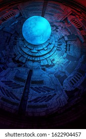 Future reading. Magic glowing crystal ball. The seance. Divine magic on futuristic surface. 3D Rendering