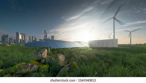 Future Renewable Energy Solution For Sustainable Cities. Modern Black Frameless Solar Panels, Battery Energy Storage Facility, Wind Turbines And Big City With Skycrapers In Background. 3d Rendering.