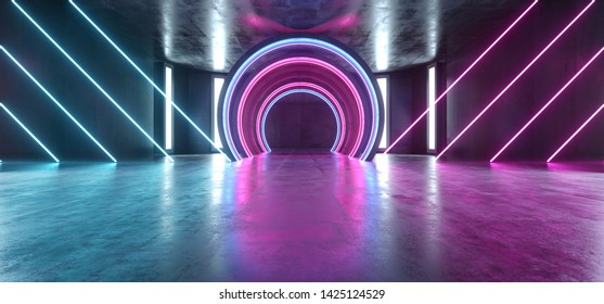 Future Sci Fi Circle Concrete Grunge Neon Lights Glowing Purple Blue Laser Fluorescent Dark Empty Underground Tunnel Corridor Vibrant Garage Gallery Arc Entrance Gate 3D Rendering Illustration