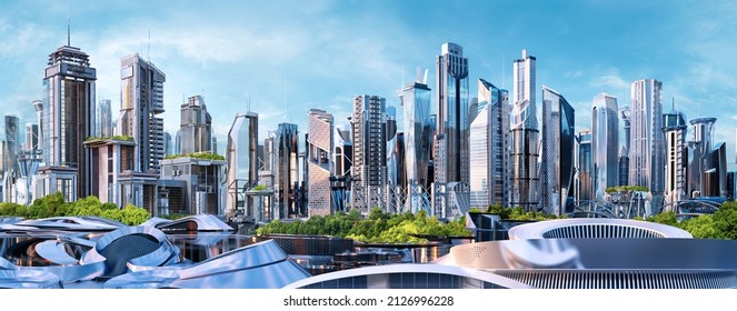 Future Smart City Skyline Panorama 3D Scene. Futuristic Eco Cityscape Creative Concept Illustration: Skyscrapers, Towers, Tall Buildings. Panoramic Urban View Of Green Ecology Friendly Megapolis Town