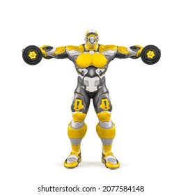 Future Soldier Is Doing Some Workout With Arms Wide Open On White Background, 3d Illustration