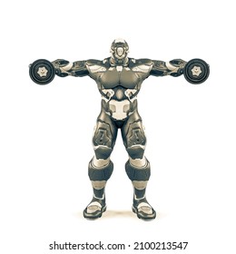 Future Soldier Is Doing Some Workout With Arms Wide Open On White Background, 3d Illustration