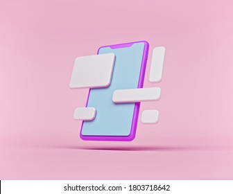 Future Technology Concept. Minimal Smartphone With Floating Icons. Abstract Cartoon Style. Smart Device Interface. 3d Rendering