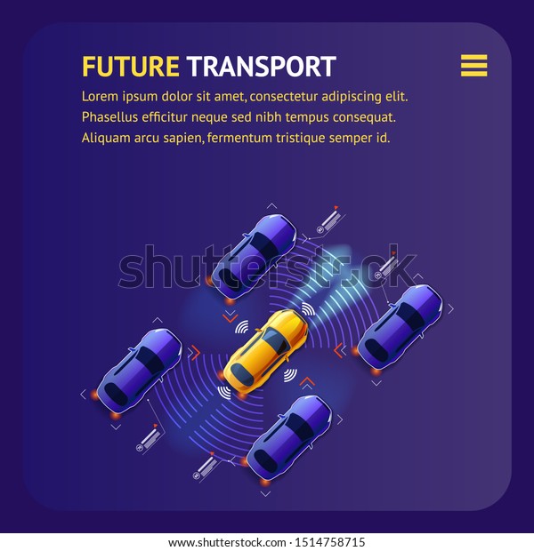 Future Transport Advertising Banner. Top View of
Artificial Intelligent Cars Traffic Illustration. Modern Automated
Sensors in Smart System. Unmanned Sity Street Transport. Sequrity
Highway Trafiic.