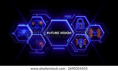 Future vision concept with glowing neon hexagons and icons on dark background foresight technology